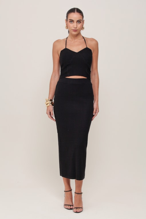 Saia Reta Midi Tricot Preto