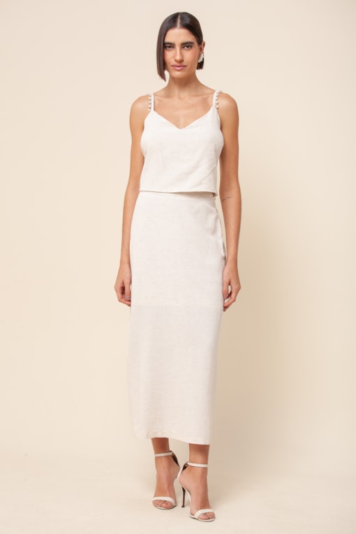 Saia Reta Midi Viscolinho  Off-white