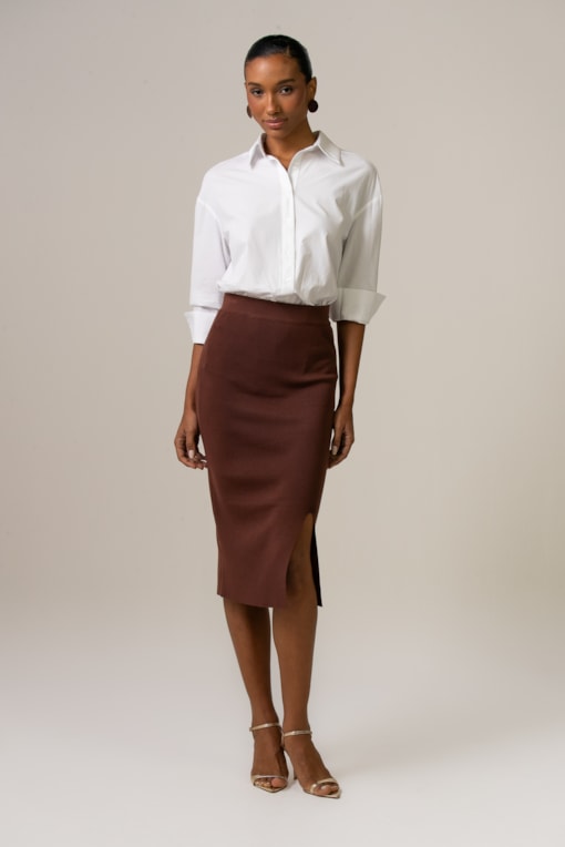 Saia Tricot Fenda Lateral Marrom