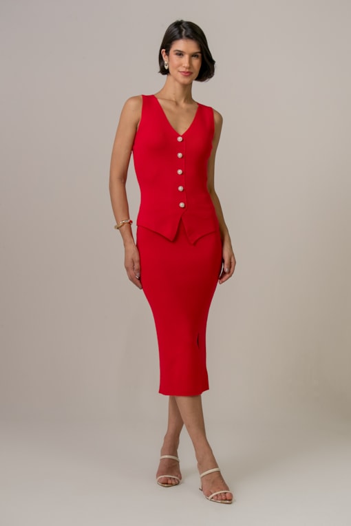 Saia Tricot Fenda Lateral Vermelho