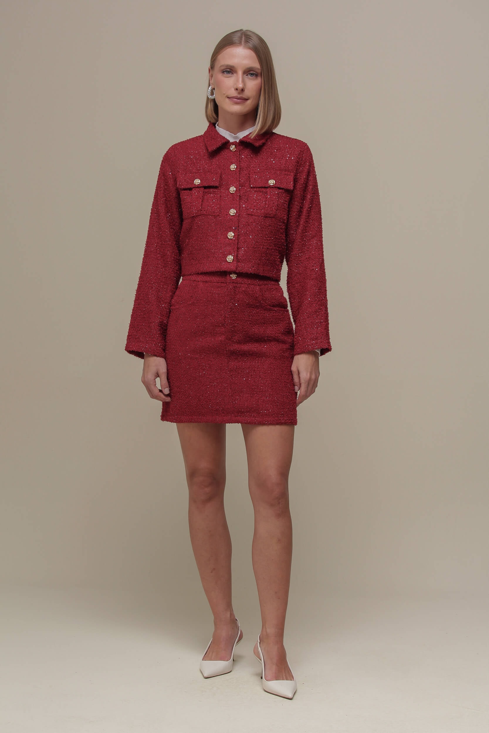 Saia Tweed Lurex Cereja