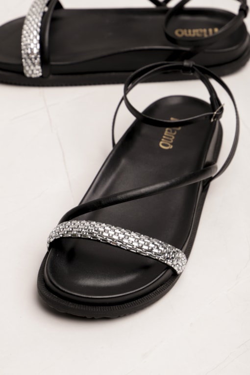 Sandália Papete Brilho Tiras Preto