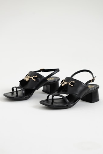 Sandália Salto Quadrado Tassel Couro Preto