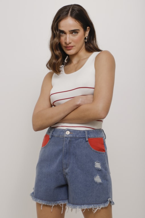 Short Jeans Color Barra Desfiada Vermelho