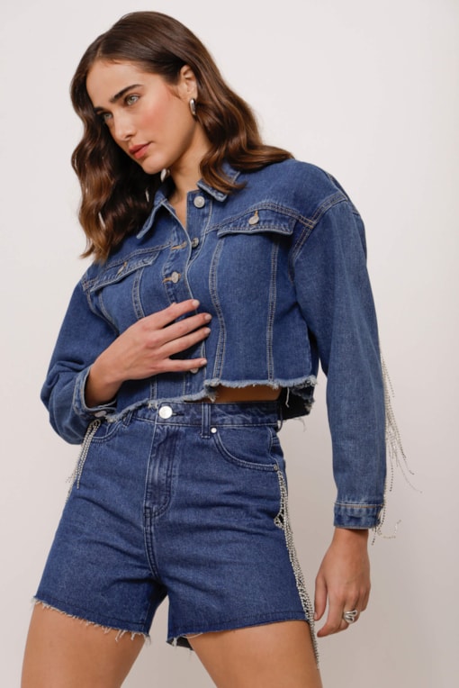 Short Jeans Franjas Strass Lateral Azul