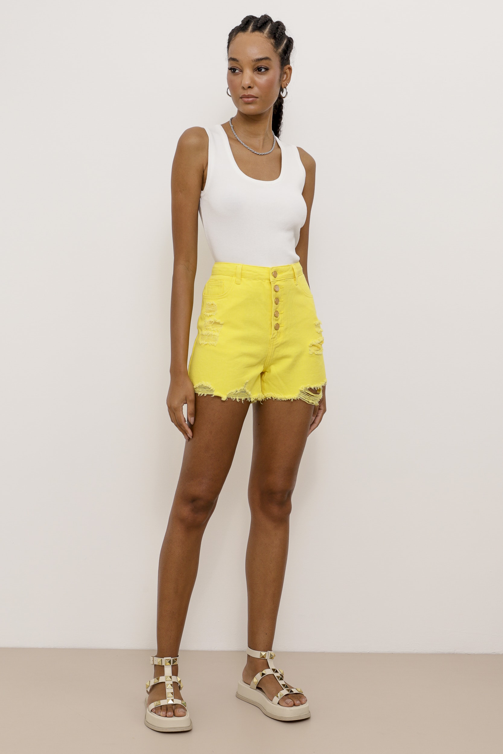 Short Sarja Color Botões  Amarelo