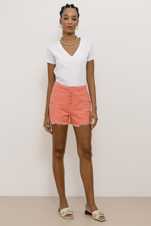 Short Sarja Color Botões  Laranja