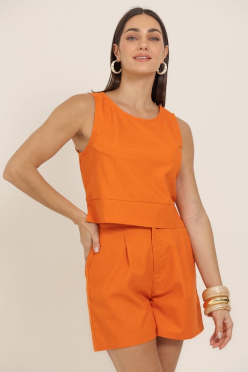 Shorts De Linho Com Detalhe Pesponto Cós Laranja