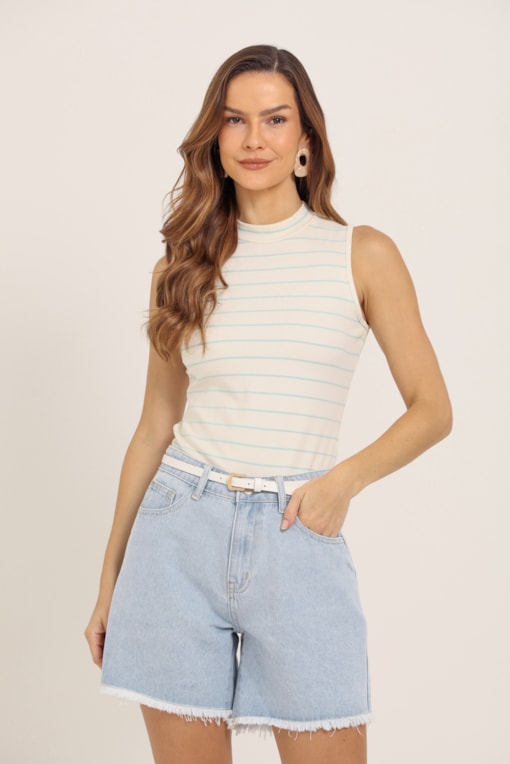 Shorts Jeans Cintura Alta Com Barra Desfiada Jeans