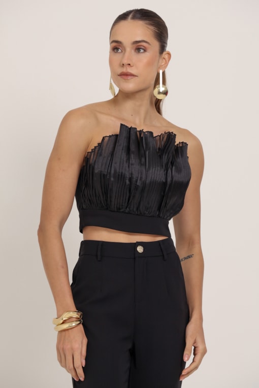 Top Com Detalhe Drapeado Em Organza Preto