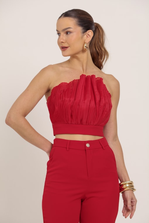 Top Com Detalhe Drapeado Em Organza Vermelho