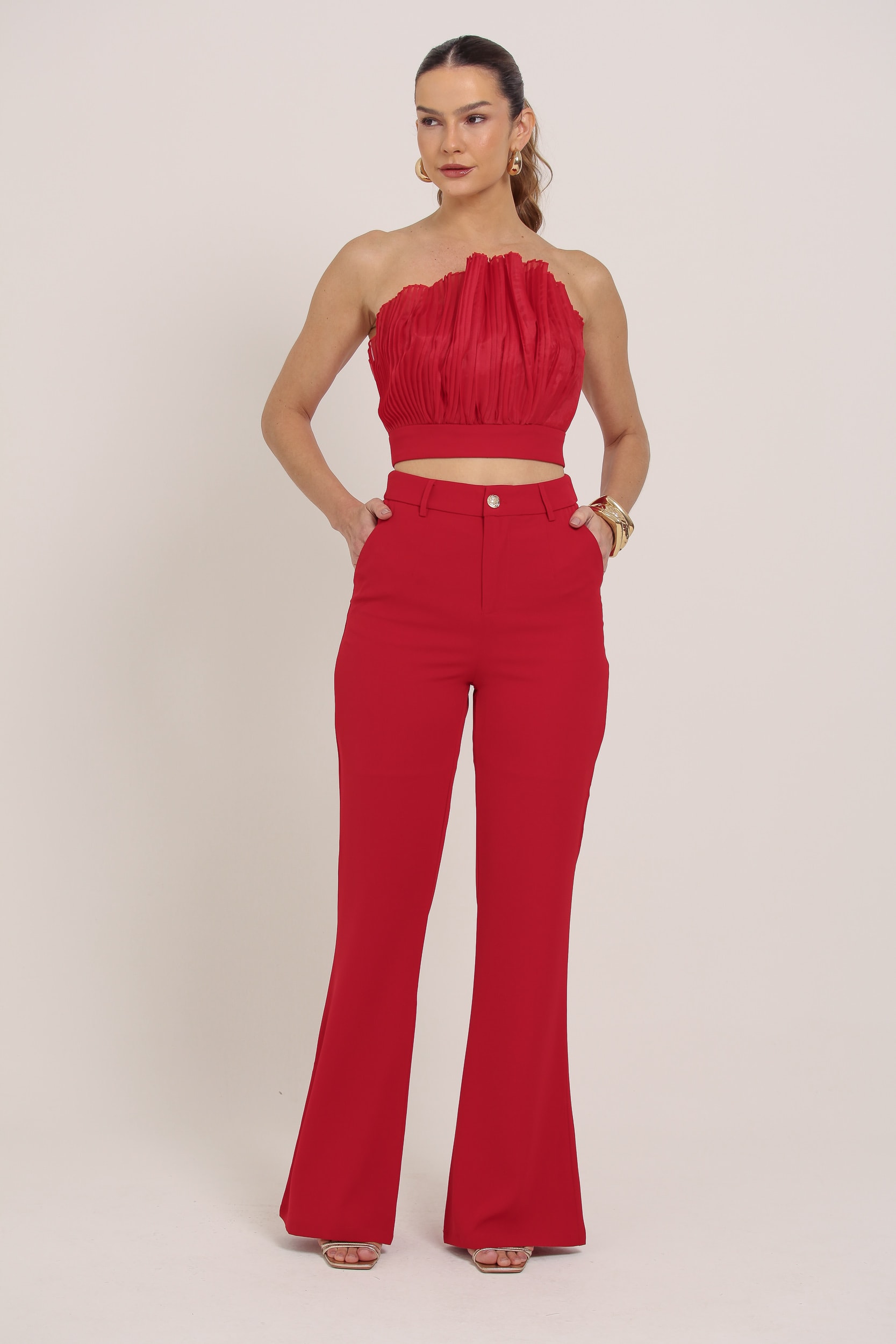Top Com Detalhe Drapeado Em Organza Vermelho