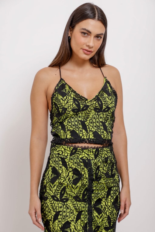 Top Guipure Decote V   Preto