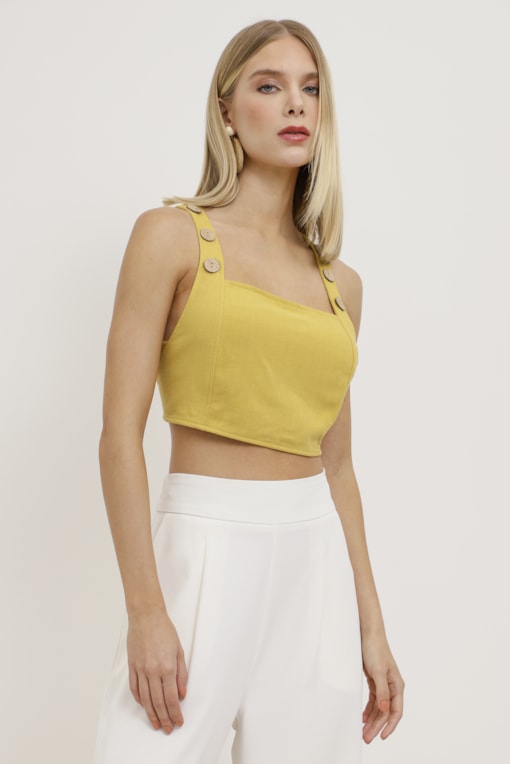 Top Viscolinho Botões Madeira Amarelo