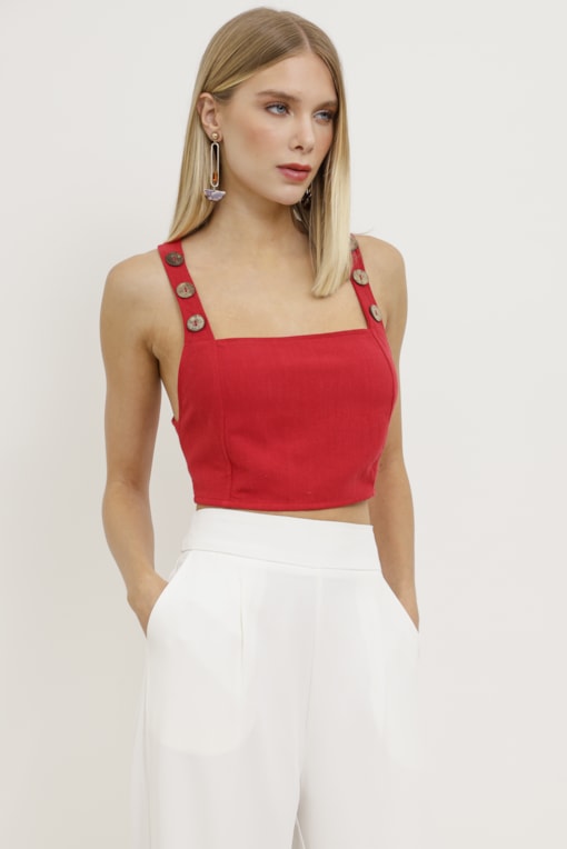 Top Viscolinho Botões Madeira Vermelho