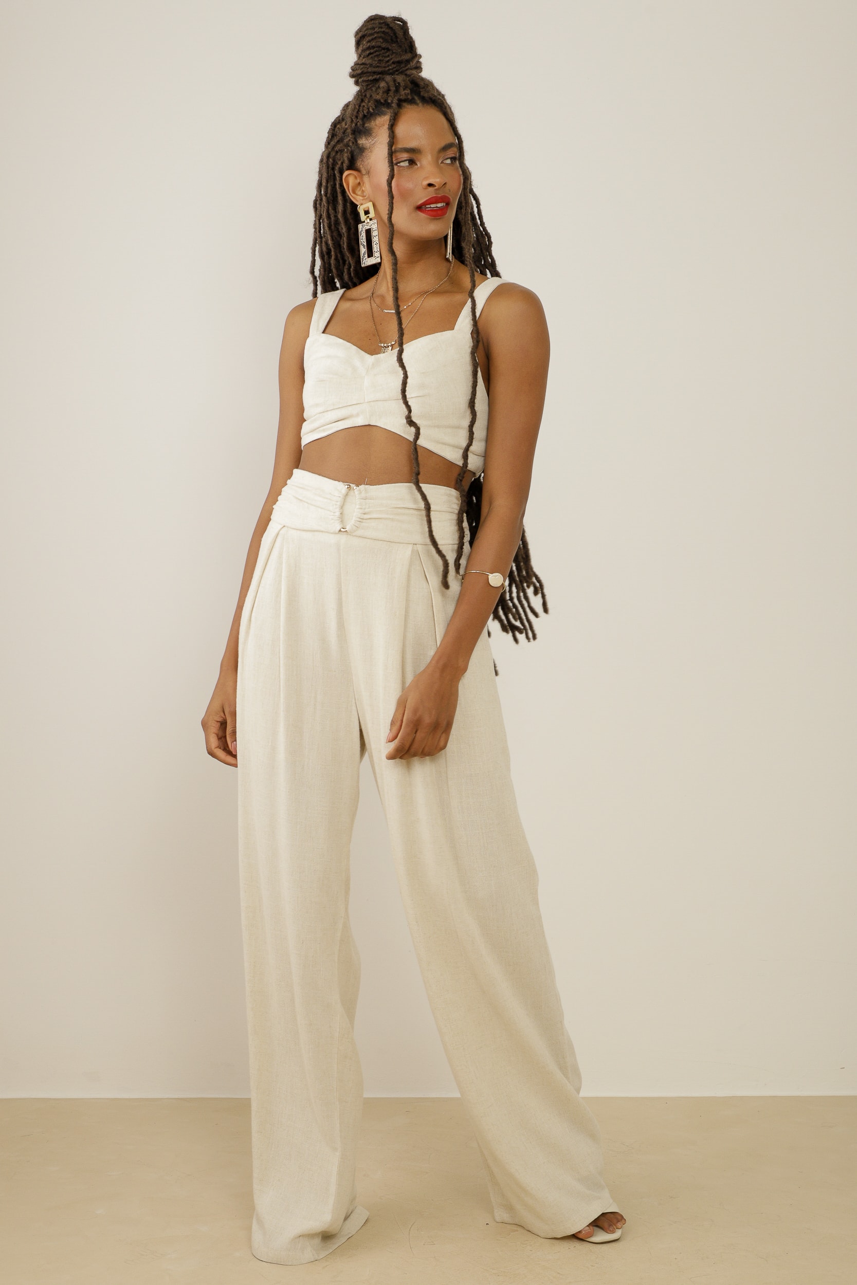 Top Viscolinho Cropped Pregas  Natural