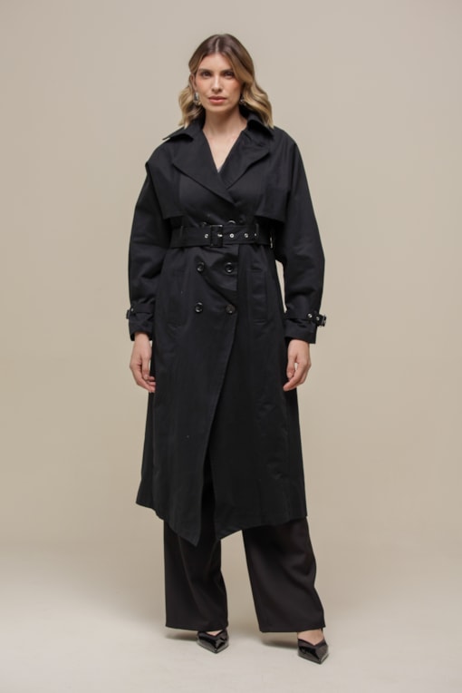 Trench Coat Sarjado  Preto