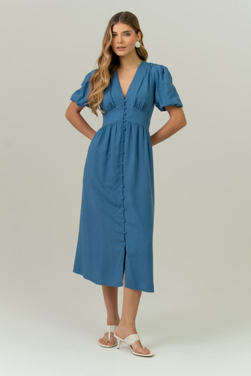 Vestido Acinturado Com Decote V  Azul