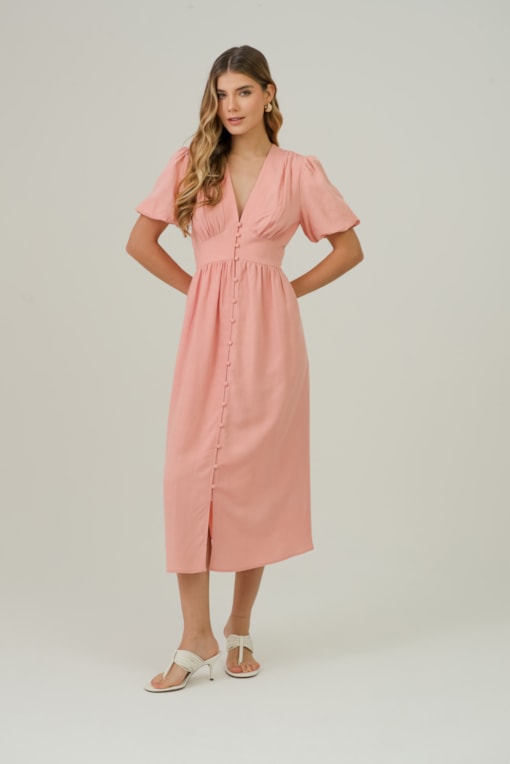 Vestido Acinturado Com Decote V  Rosa