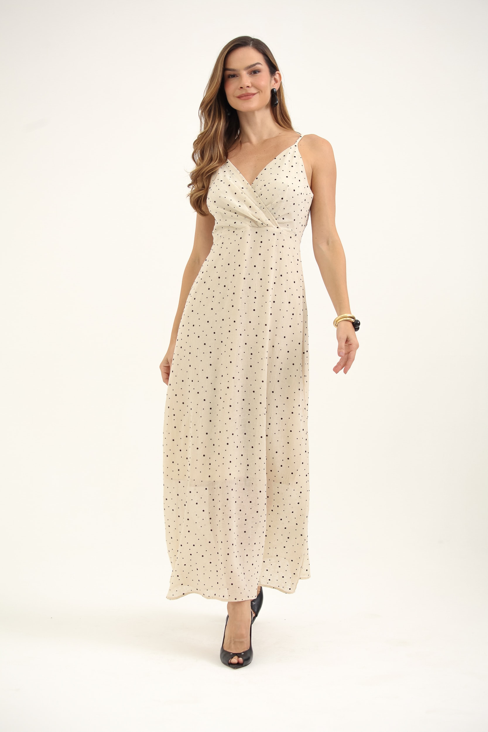 Vestido Alcinha Evasê Bolinha Flocada Bege