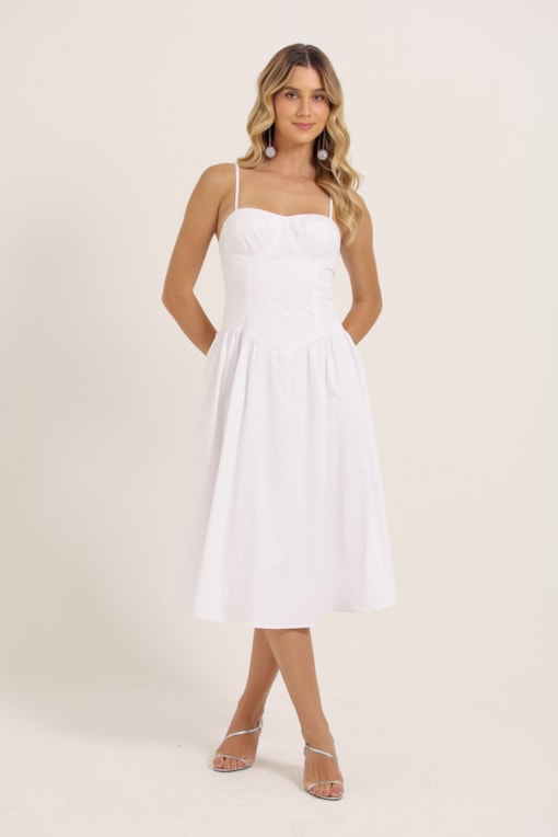 Vestido Alcinha Recorte Busto Saia Franzida Branco