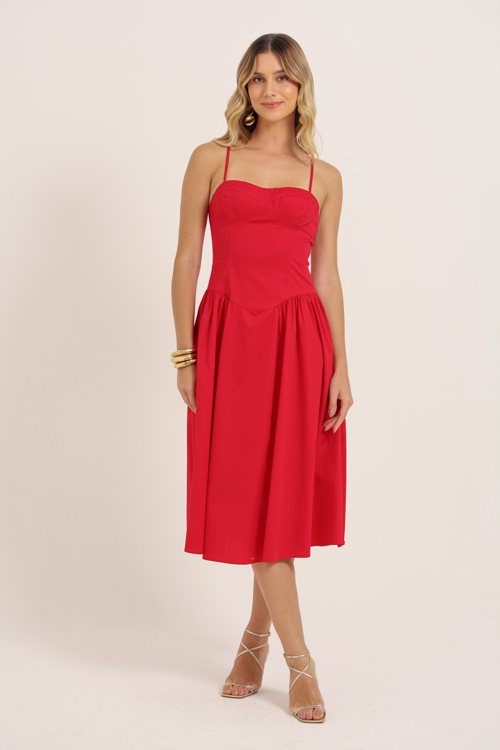Vestido Alcinha Recorte Busto Saia Franzida Vermelho