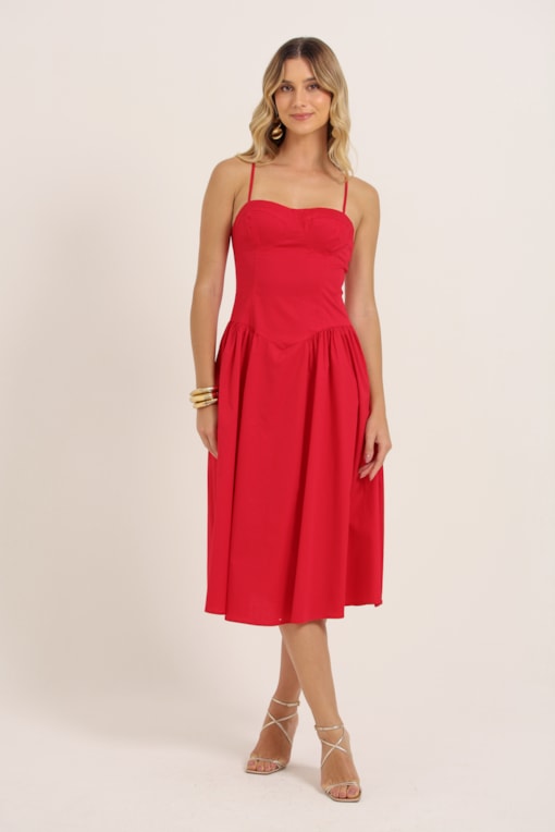 Vestido Alcinha Recorte Busto Saia Franzida Vermelho