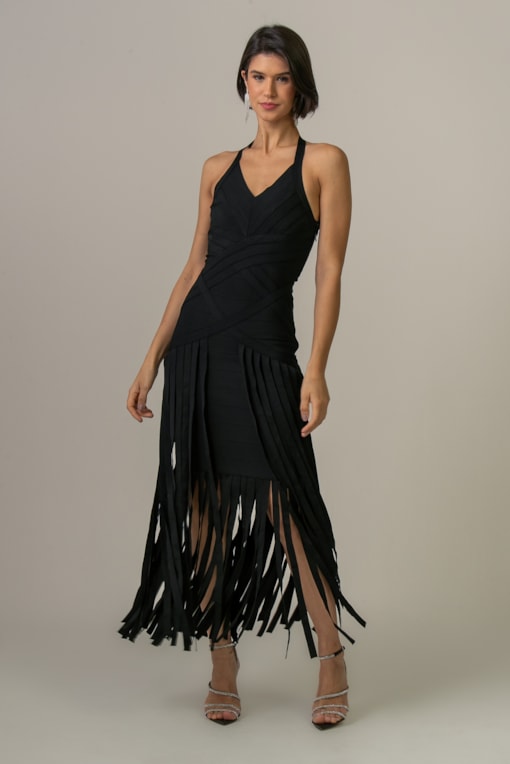 Vestido Bandagem Frente Única Com Franjas Preto