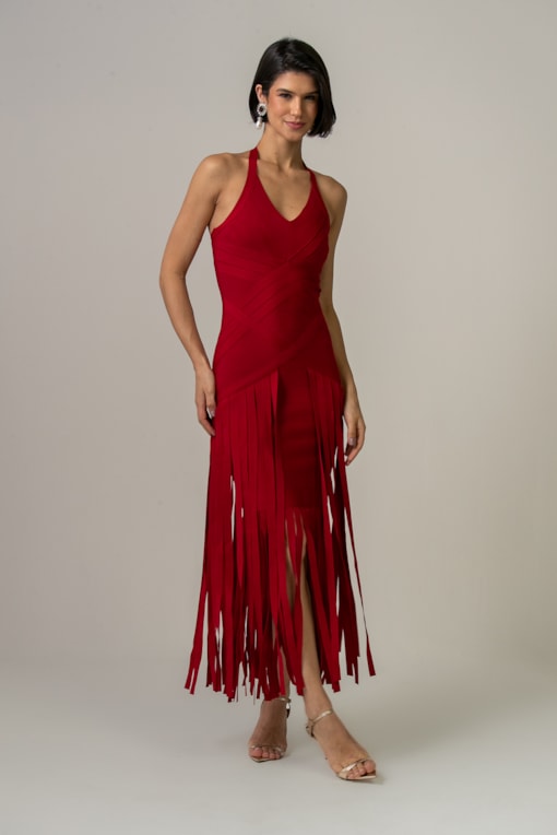 Vestido Bandagem Frente Única Com Franjas Vermelho