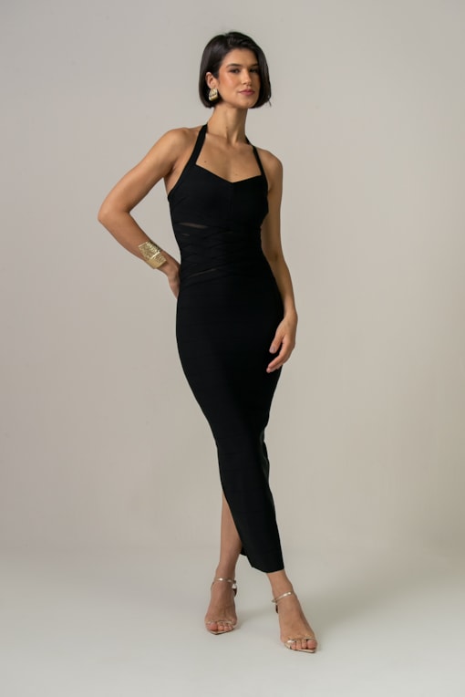 Vestido Bandagem Frente Única Longo Preto