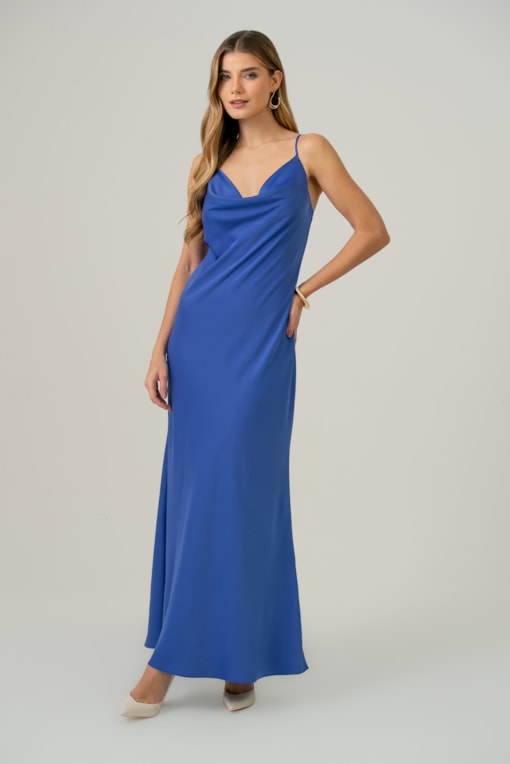 Vestido Cetim Giverny Liso  Azul