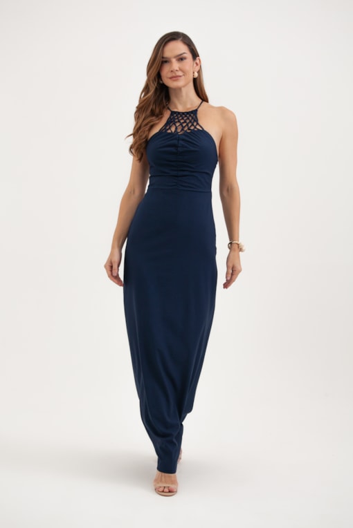 Vestido Com Macramê E Franzido No Busto Marinho