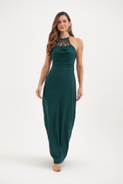 Vestido Com Macramê E Franzido No Busto Verde 