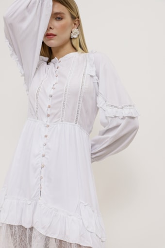 Vestido Curto Boho Viscose com Renda  Branco