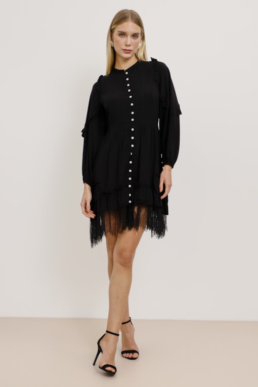 Vestido Curto Boho Viscose com Renda  Preto