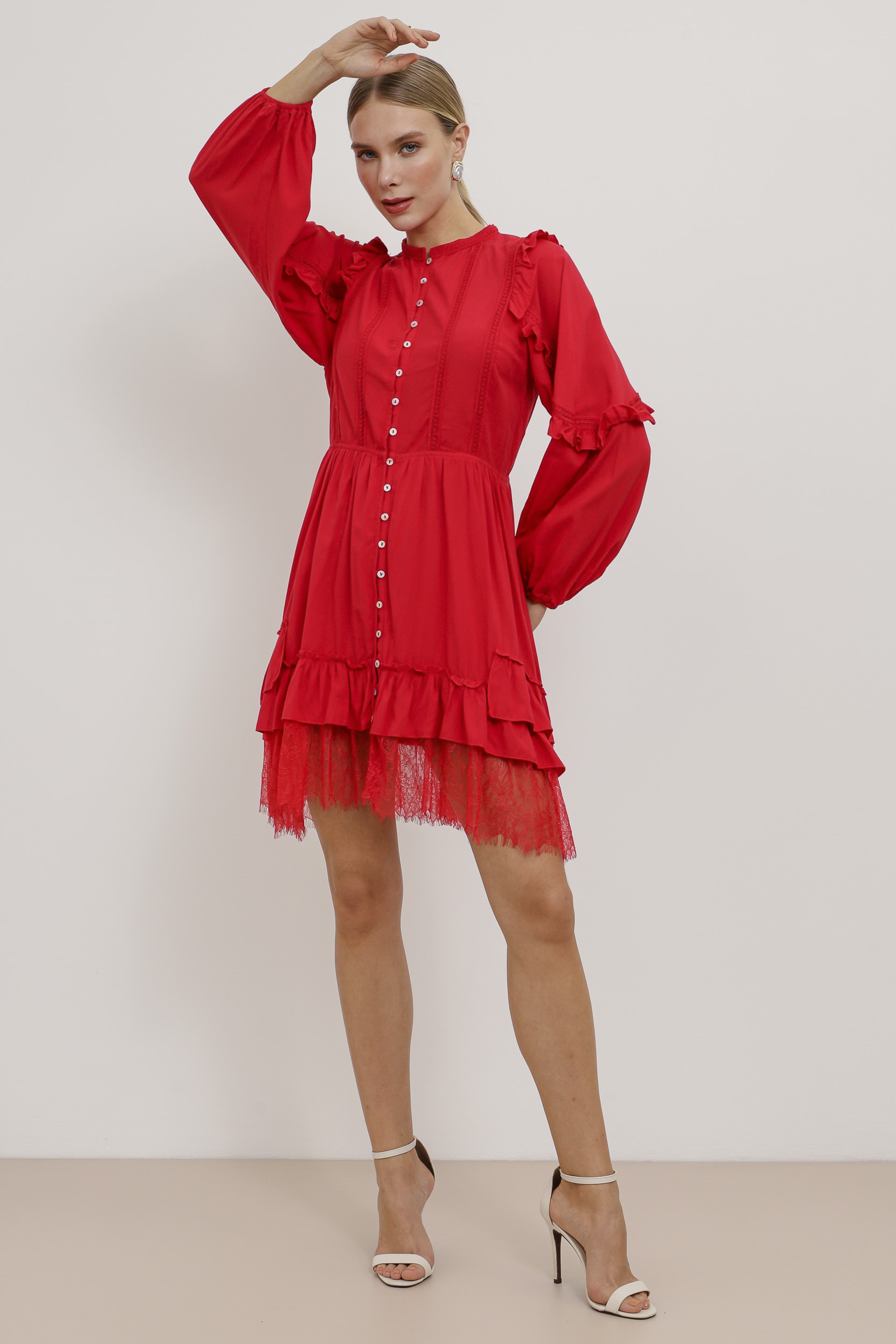 Vestido Curto Boho Viscose com Renda  Vermelho