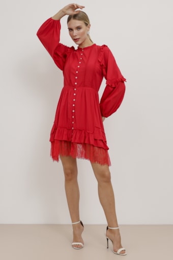 Vestido Curto Boho Viscose com Renda  Vermelho