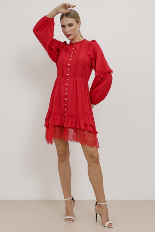 Vestido Curto Boho Viscose com Renda  Vermelho