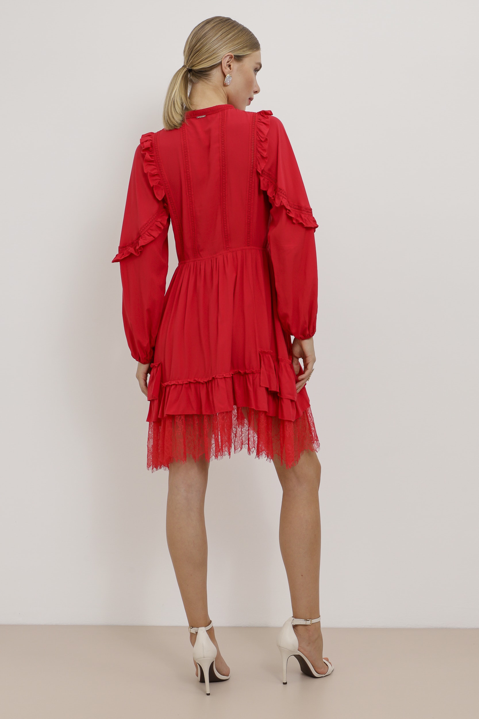 Vestido Curto Boho Viscose com Renda  Vermelho