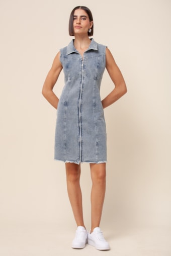 Vestido Curto Jeans Reto Gola Azul claro 