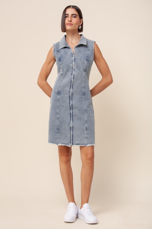 Vestido Curto Jeans Reto Gola Azul claro 