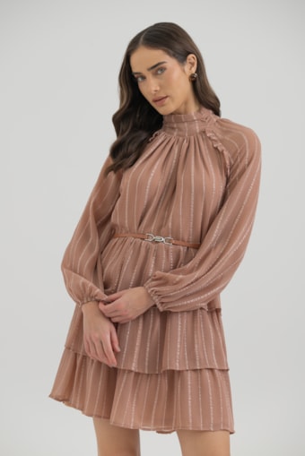 Vestido Curto Manga Longa Com Babados Caqui