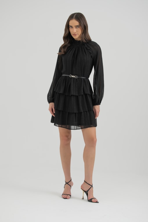 Vestido Curto Manga Longa Com Babados Preto