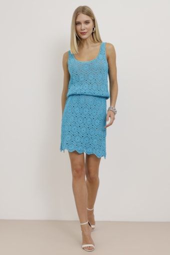 Vestido Curto Renda Crochet Azul