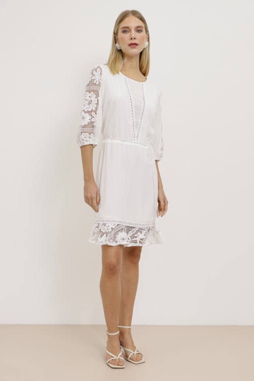 Vestido Curto Viscose Com Renda Guipure Off-white