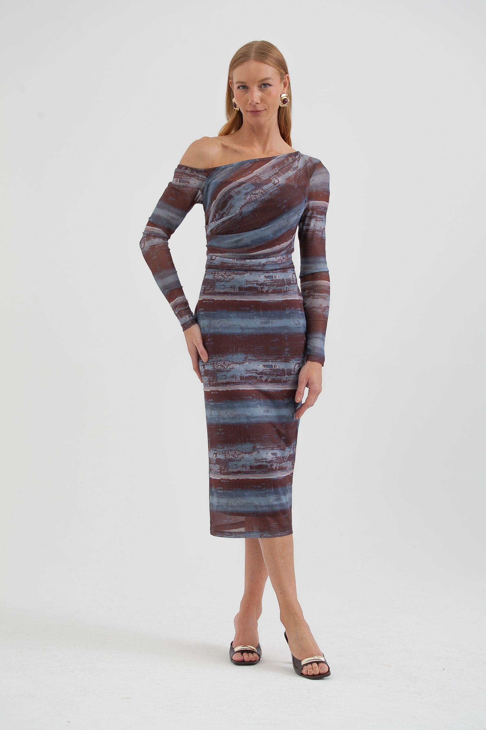 Vestido Drapeado De Tule Estampado Marrom