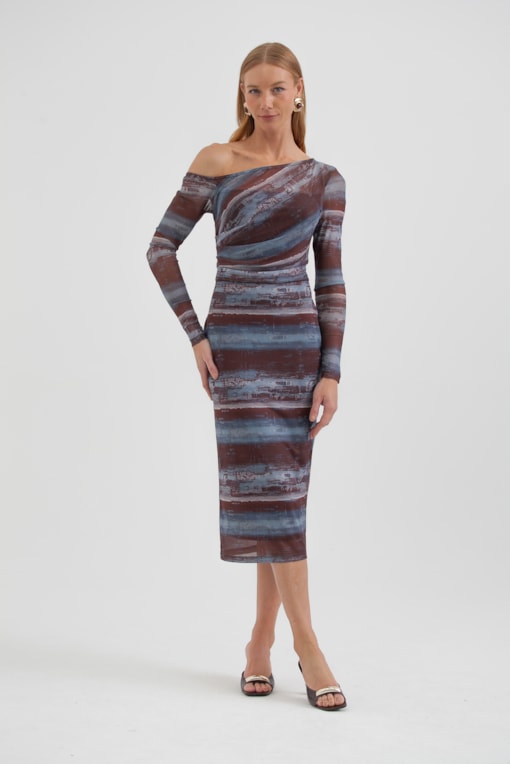 Vestido Drapeado De Tule Estampado Marrom