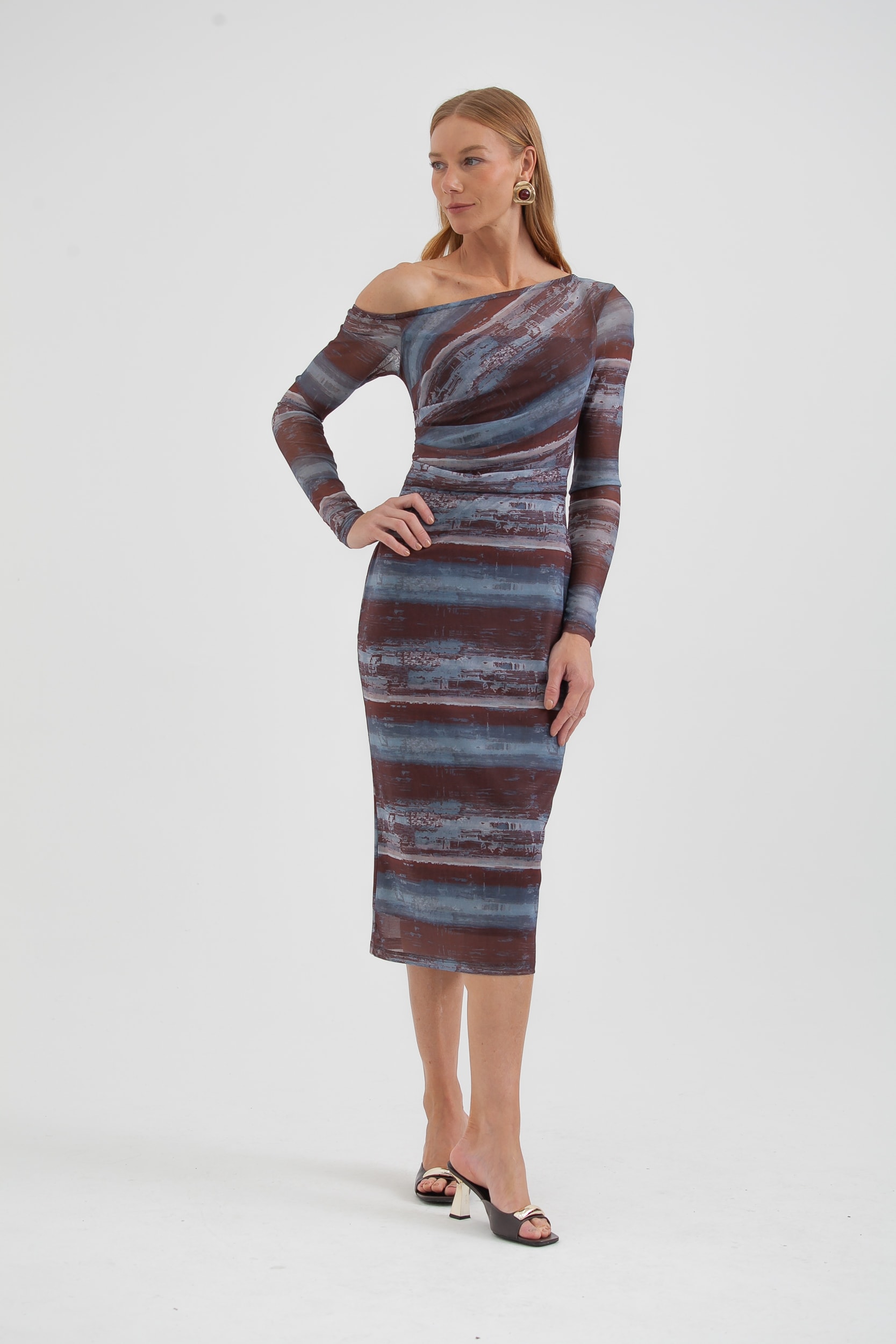 Vestido Drapeado De Tule Estampado Marrom