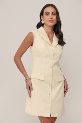 Vestido Em Tweed Detalhe Franjas Amarelo