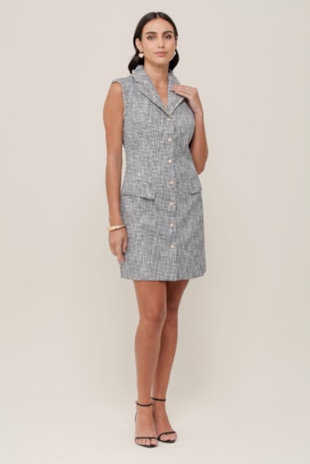 Vestido Em Tweed Detalhe Franjas Preto